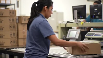 Young hispanic woman working in a shipping warehouse sorting and packing cardboard boxes on a conveyor belt ready for distribution in a bright and organized fulfillment center - Powered by Adobe