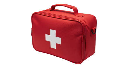 Isolated red emergency medical kit ready for any health issue or hospital first aid