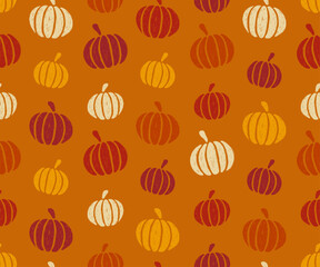Golden pumpkins seamless chalk pattern. Halloween and thanksgiving background. Cute crayon elements for autumn holiday decor. Doodle orange icons with charcoal texture, vector illustration