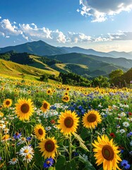 Vibrant Sunflower Field Blooming in Summer Mountains Landscape.