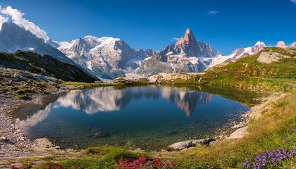 Fototapeta premium Colorful Summer Panorama Of The Lac Blanc Lake With Mont Blanc Monte Bianco On Background