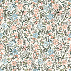 Vintage seamless floral pattern. Liberty style background of small pastel colorful flowers. Small flowers scattered over a white background. Stock vector for printing on surfaces. Ditsy flowers