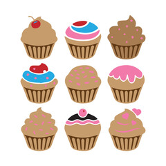 Nine Assorted Decorative Cupcakes with Frosting and Toppings