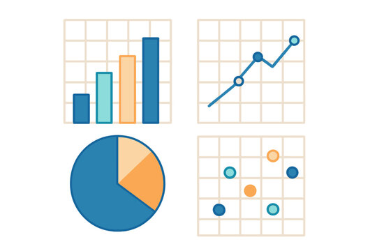 Comprehensive set of business data visualization charts including bar, line, pie, and scatter graphs for analytics and reporting
