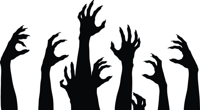 Scary zombie hands silhouette raised in horror pose, black creepy arm vector illustration, spooky Halloween design, isolated scary graphic