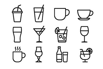 Beverage and drink line icon pack. Thin outline symbols for graphic and web design. Vector collection of coffee, cocktail, wine, beer, juice, and soda glass signs for a menu.
