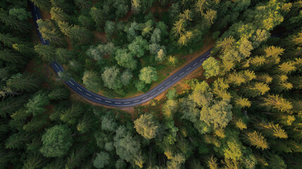 aerial. Aerial view of a serene forest road winding through lush greenery under natural daylight. travel magazines, destination branding, designed for travel destination branding.