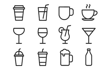 Beverage line icon set. Drink outline icons for graphic design, web, apps. Vector symbols for coffee, tea, beer, wine, juice, cocktail, soda. Minimalist pictogram collection.