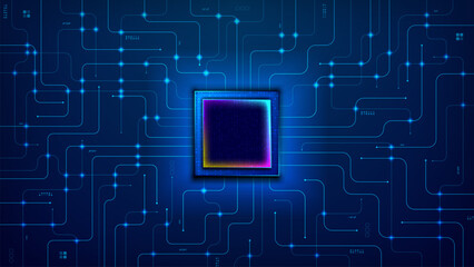circuit board, motherboard with microprocessor, AI chip, semi conductor with connection paths in blue technology futuristic digital background template   