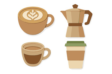 Obraz premium Collection of coffee cups, latte art, and moka pot in modern layered paper cut style on a clean white background