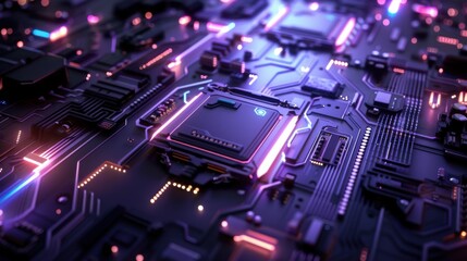 Epic cinematic scene of a massive futuristic motherboard with glowing circuits and dramatic lighting, symbolizing advanced technology, sci-fi worlds, and digital innovation.
