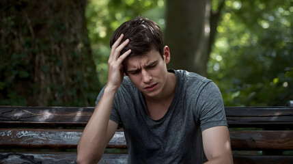 A young man sits on a park bench, looking stressed and holding his head in his hand.