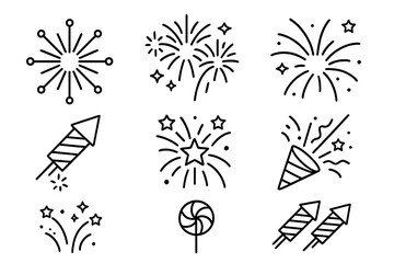 Firework line icon set. Vector symbols for celebration, party, festival. Includes rocket, popper, sparkler explosion. Minimalist outline design elements for New Year's Eve.