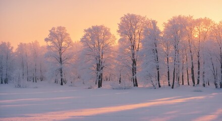 Snow covered forest with frosty trees at winter sunrise