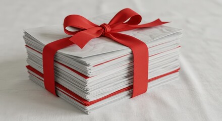 Stack of White Envelopes Tied with Bright Red Ribbon on Light Background for Gift Giving or Invitation Concept
