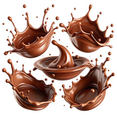 Four splashes of chocolate in bowls isolated on transparent background
