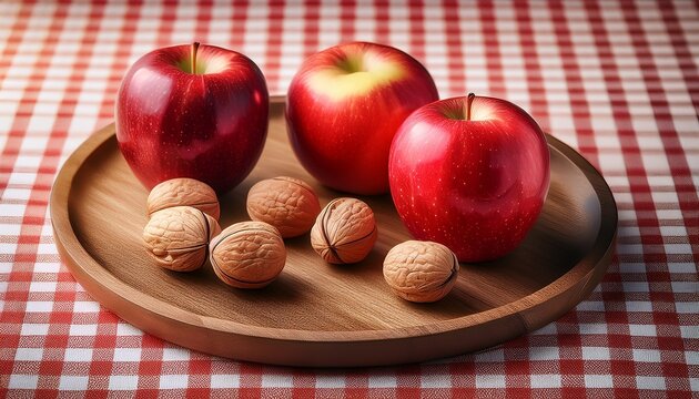Red Apples And Walnuts Sitting On Wooden Plate On Checkered Tablecloth