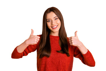 Portrait of positive cheerful lady promoter show double thumbs-up enjoy her suggested selected good...