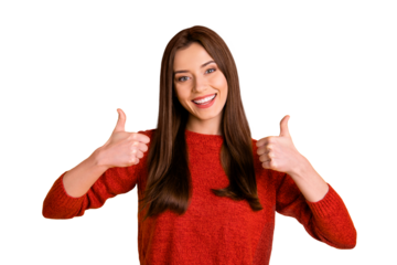 Portrait of positive cheerful lady promoter show double thumbs-up enjoy her suggested selected good sales ads promo wear red pullover isolated over yellow color background