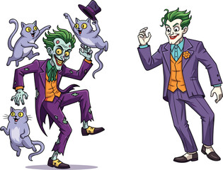 Zombie character, human version, cartoon transformation, purple suit, green hair, animated cats, Halloween theme, dual personality, fantasy art, quirky illustration