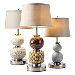 Three decorative table lamps with fabric shade isolated on transparent background