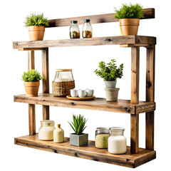 Rustic wooden wall shelf with potted plants and decor isolated on transparent background
