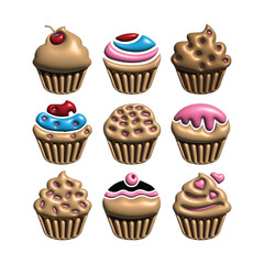 Delicious Assortment of Colorful 3D Cupcakes on White