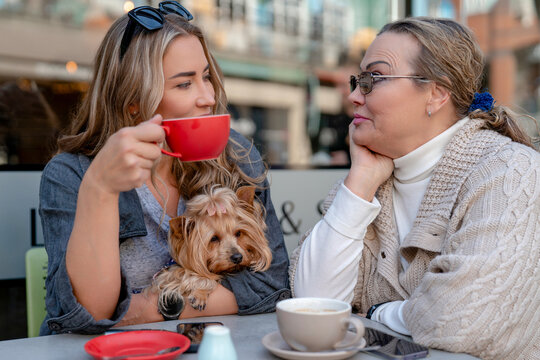 Two women enjoy coffee at an outdoor cafe in the daytime with a cute Yorkshire Terrier