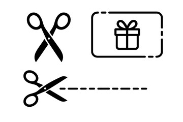 Scissors cut here icon with dashed line. Coupon or gift card cut out template. Vector graphic elements for discount voucher, promo code, shopping sale, and advertising.