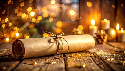 Vintage Scroll Tied With Ribbon on Rustic Wooden Surface with Warm Bokeh Lights.
