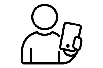 User silhouette holding smartphone icon, outline vector graphic for app design, mobile technology, web interfaces, digital communication, advertising, card services, transparent background