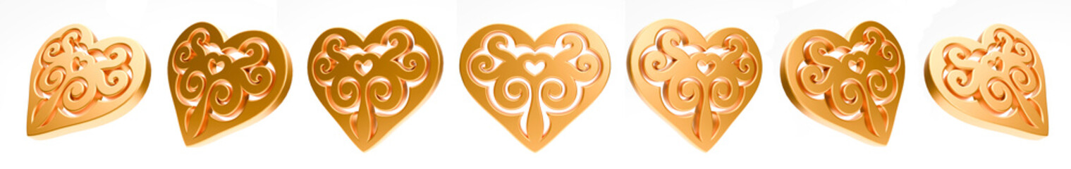 Set of 3d hearts rotation. Realistic illustration of shiny golden hearts with kazakh ornament isolated on white background. Symbol of love, romantic and Wedding. Object spin animation
