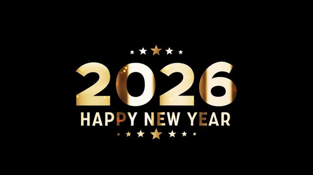 2026 Happy New Year golden text shine flickering light effect animation on black background.2026 Happy New Year text with looping flickering gold glowing light texture. Isolated alpha channel Apply pr