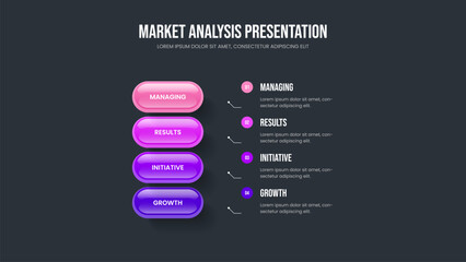 Company Strategy Four Option Infographic Slide Layout. Investor Planning 4 Element Diagram Presentation Template. Digital Analysis Slideshow Design Vector Illustration.