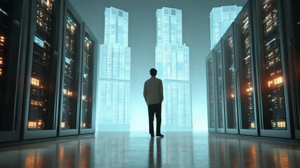 Digital Architect in Futuristic Realm: A lone figure, silhouetted against a dazzling display of data servers and ethereal cityscapes, contemplates the vast digital universe he helps to shape. - Powered by Adobe