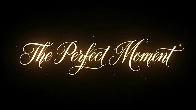 Elegant "The Perfect Moment" Calligraphy Title with Golden Sparkles on Black Background