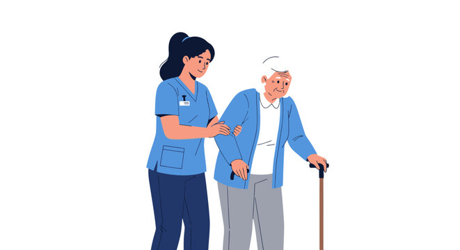 Caring Nurse Assists Elderly Person with Walking Cane.