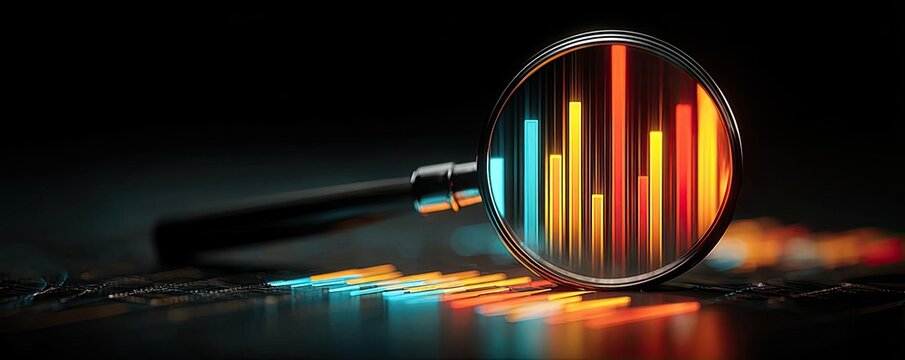 Data analysis with SEO focus and magnifier concept. Analyzing data trends with a magnifying glass and colorful charts.