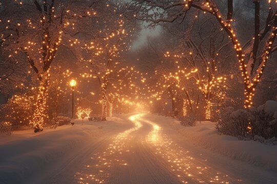 Snowy road with lights illuminating the path.
