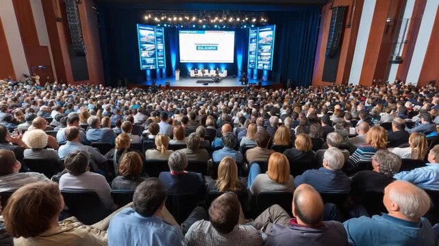 Event Auditorium: A vibrant event unfolds in a large auditorium, where an audience is captivated by the presentation on stage, with dramatic lighting and modern architecture.
