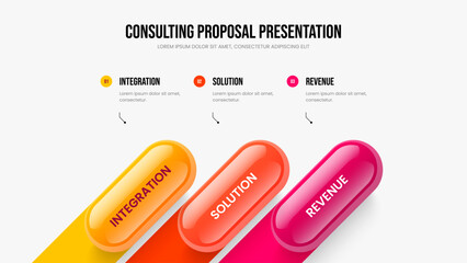 Corporate Forecast Frame Layout Vector Illustration. Consulting Insight Three Step Diagram Presentation Template. Project Innovation 3 Element Infographic Slide Design.