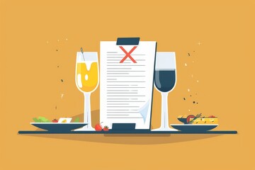 Illustration of dietary restrictions with wine and food on a yellow background