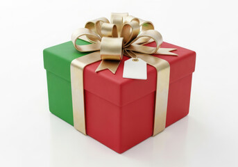Festive red and green gift box tied with a gold ribbon