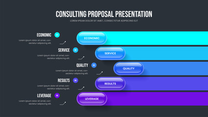 Advertising Innovation Five Step Infographic Slide Layout. Corporate Proposal Presentation Template Vector Illustration. Business Growth 5 Option Diagram Frame Design.