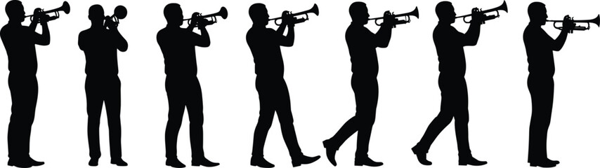 Silhouette illustration of trumpet player musician performing, marching band jazz performer, brass instrument artist, music concert, festival, parade, entertainment, celebration