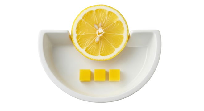 Isolated lemon slice on a serving dish with hard candy cubes for a zesty sweet treat