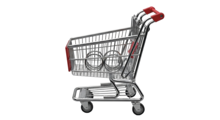 Isolated shopping cart with red handles, metal wire frame on studio surface for online stores