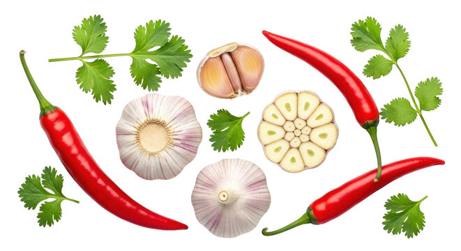 Isolated pungent aroma ingredient composition, fresh garlic cloves, cilantro, chili peppers