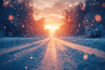 Snow-covered road cutting through a winter landscape.