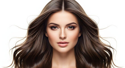 Fototapeta premium Stunning brunette with perfectly styled hair and flawless makeup, showcasing elegance and beauty, ideal for beauty product campaigns and hair care advertisements worldwide
